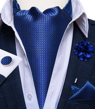 Blue Dotted Silk Cravat Woven Ascot Tie Pocket Square Handkerchief Suit with Lapel Pin Brooch Set