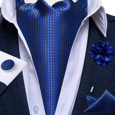 Blue Dotted Silk Cravat Woven Ascot Tie Pocket Square Handkerchief Suit with Lapel Pin Brooch Set