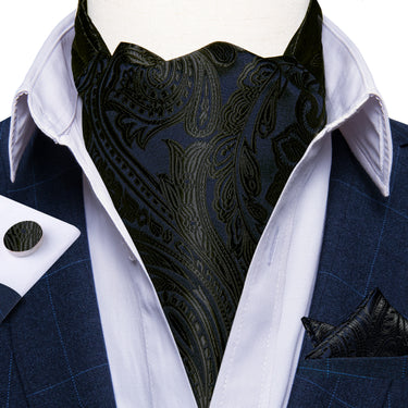 Black Floral Silk Cravat Woven Ascot Tie Pocket Square Handkerchief Suit Set
