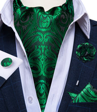 Green Floral Silk Cravat Woven Ascot Tie Pocket Square Handkerchief Suit with Lapel Pin Brooch Set