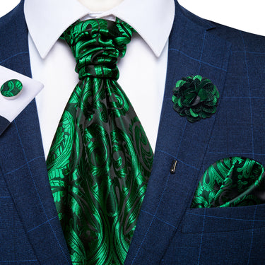 Green Floral Silk Cravat Woven Ascot Tie Pocket Square Handkerchief Suit with Lapel Pin Brooch Set