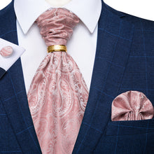 Pink Paisley Silk Cravat Woven Ascot Tie Pocket Square Cufflinks With Tie Ring Set