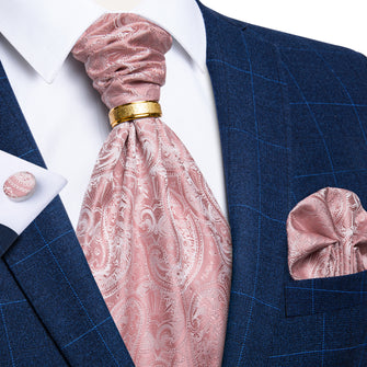 Pink Paisley Silk Cravat Woven Ascot Tie Pocket Square Cufflinks With Tie Ring Set