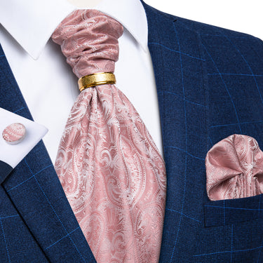 Pink Paisley Silk Cravat Woven Ascot Tie Pocket Square Cufflinks With Tie Ring Set