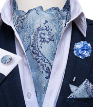 Cyan-blue Floral Silk Cravat Woven Ascot Tie Pocket Square Handkerchief Suit with Lapel Pin Brooch Setlora