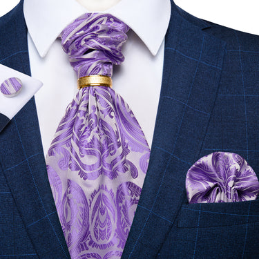 Purple Floral Silk Cravat Woven Ascot Tie Pocket Square Cufflinks With Tie Ring Set