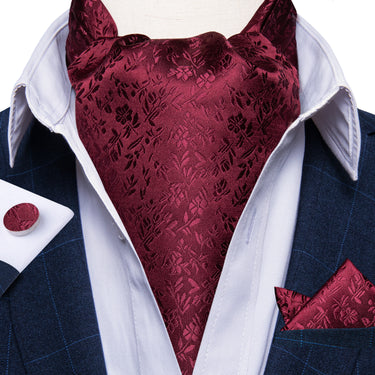 New Red Floral Silk Cravat Woven Ascot Tie Pocket Square Handkerchief Suit Set
