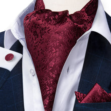 Red Floral Silk Cravat Woven Ascot Tie Pocket Square Handkerchief Suit Set