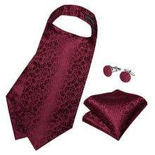 New Red Floral Silk Cravat Woven Ascot Tie Pocket Square Handkerchief Suit Set