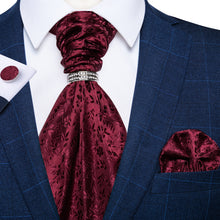 New Red Floral Silk Cravat Woven Ascot Tie Pocket Square Cufflinks With Tie Ring Set