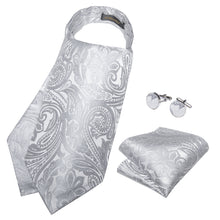 Silver White Floral Silk Cravat Woven Ascot Tie Pocket Square Handkerchief Suit Set