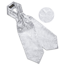 Silver White Floral Silk Cravat Woven Ascot Tie Pocket Square Handkerchief Suit Set