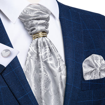 Silver White Floral Silk Cravat Woven Ascot Tie Pocket Square Cufflinks With Tie Ring Set