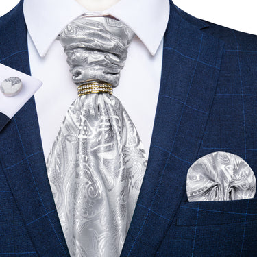 Silver White Floral Silk Cravat Woven Ascot Tie Pocket Square Cufflinks With Tie Ring Set