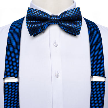 Luxury Blue Plaid Brace Clip-on Men's Suspender with Bow Tie Set