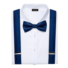 Luxury Blue Plaid Brace Clip-on Men's Suspender with Bow Tie Set