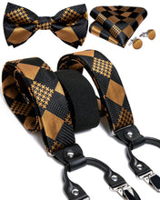 Luxury Brown Black Plaid Brace Clip-on Men's Suspender with Bow Tie Set