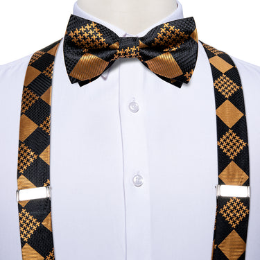 Luxury Brown Black Plaid Brace Clip-on Men's Suspender with Bow Tie Set