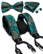 Luxury Green Brown Paisley Brace Clip-on Men's Suspender with Bow Tie Set