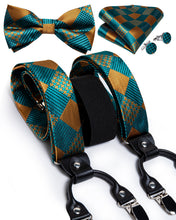 Green Brown Plaid Brace Clip-on Men's Suspender with Bow Tie Set