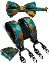 Green Brown Plaid Brace Clip-on Men's Suspender with Bow Tie Set