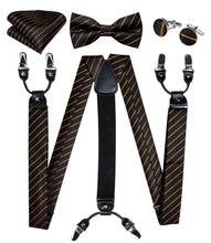 Black Golden Striped Brace Clip-on Men's Suspender with Bow Tie Set