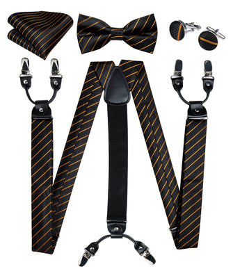 Black Golden Striped Brace Clip-on Men's Suspender with Bow Tie Set
