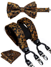 Black Golden Floral Brace Clip-on Men's Suspender with Bow Tie Set