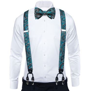 Teal Blue Floral Brace Clip-on Men's Suspender with Bow Tie Set