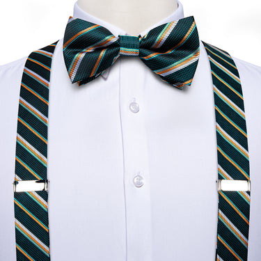 Green Orange Striped Brace Clip-on Men's Suspender with Bow Tie Set