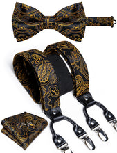Black Golden Floral Brace Clip-on Men's Suspender with Bow Tie Set
