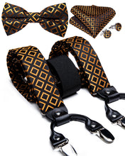gold black mens silk bow tie set with suspenders for mens