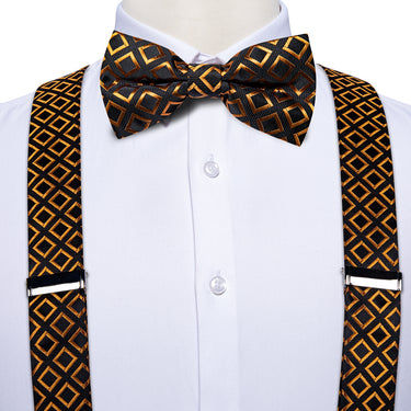 Black Golden Geometric Brace Clip-on Men's Suspender with Bow Tie Set