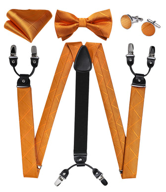orange plaid silk bow tie set for men and suspenders for men