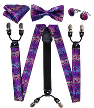 purple blue yellow paisley mens silk bow tie hanky cufflinks set and suspenders