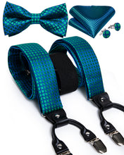 green blue plaid suspenders for mens and silk plaid bow tie handkerchief cufflinks set
