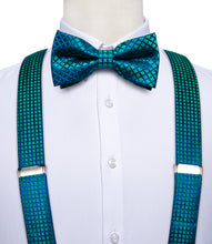 green blue plaid suspenders for mens and silk plaid bow tie handkerchief cufflinks set