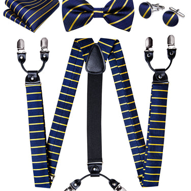 Blue Yellow Striped Brace Clip-on Men's Suspender with Bow Tie Set