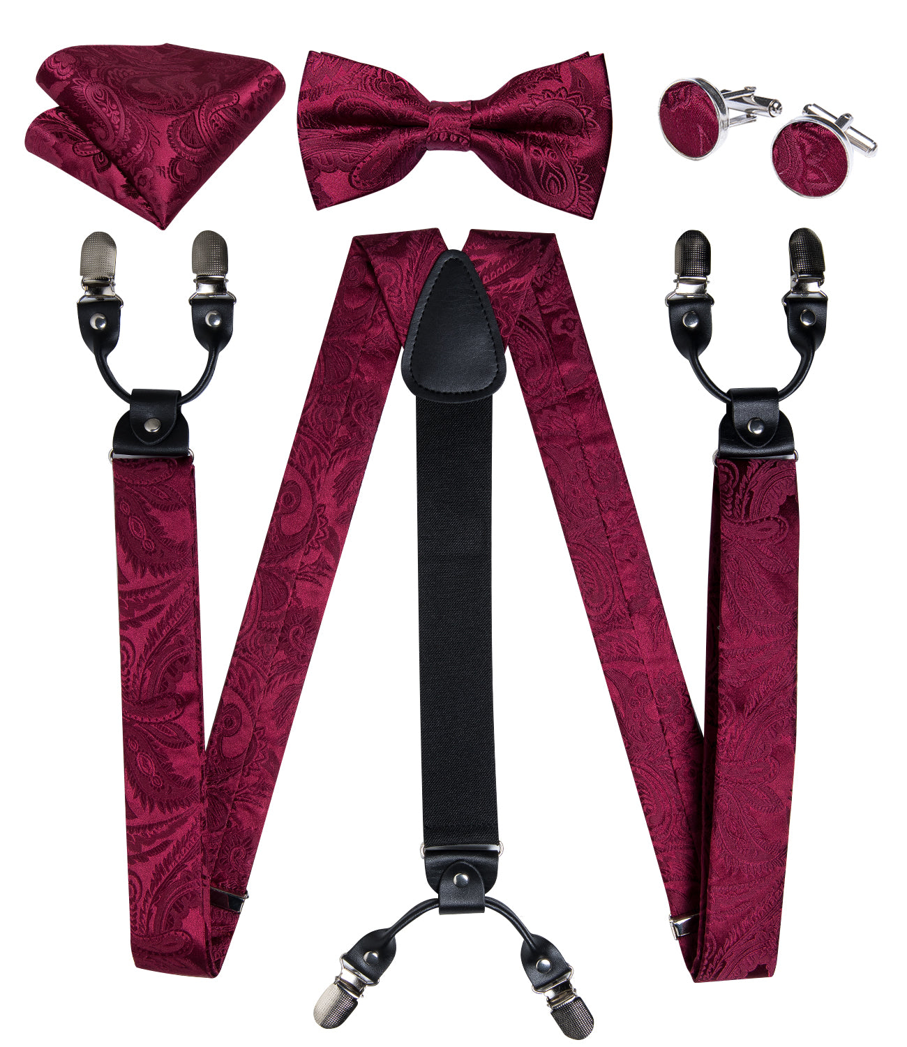 Burgundy red paisley mens silk suspenders and silk bow tie pocket square cufflinks set