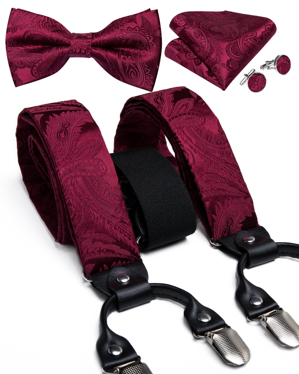 Burgundy red paisley mens silk suspenders and silk bow tie pocket square cufflinks set