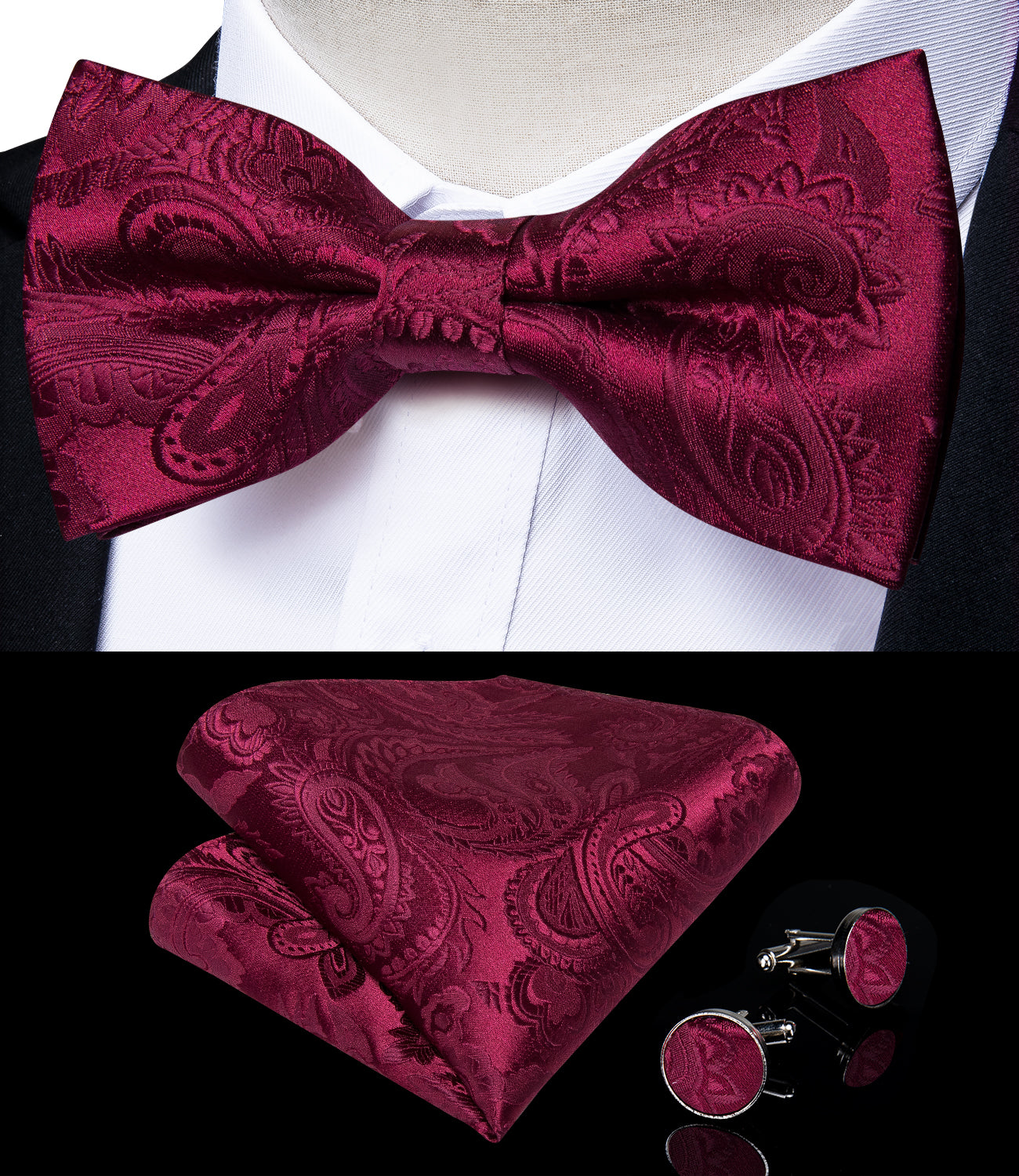 Burgundy red paisley mens silk suspenders and silk bow tie pocket square cufflinks set