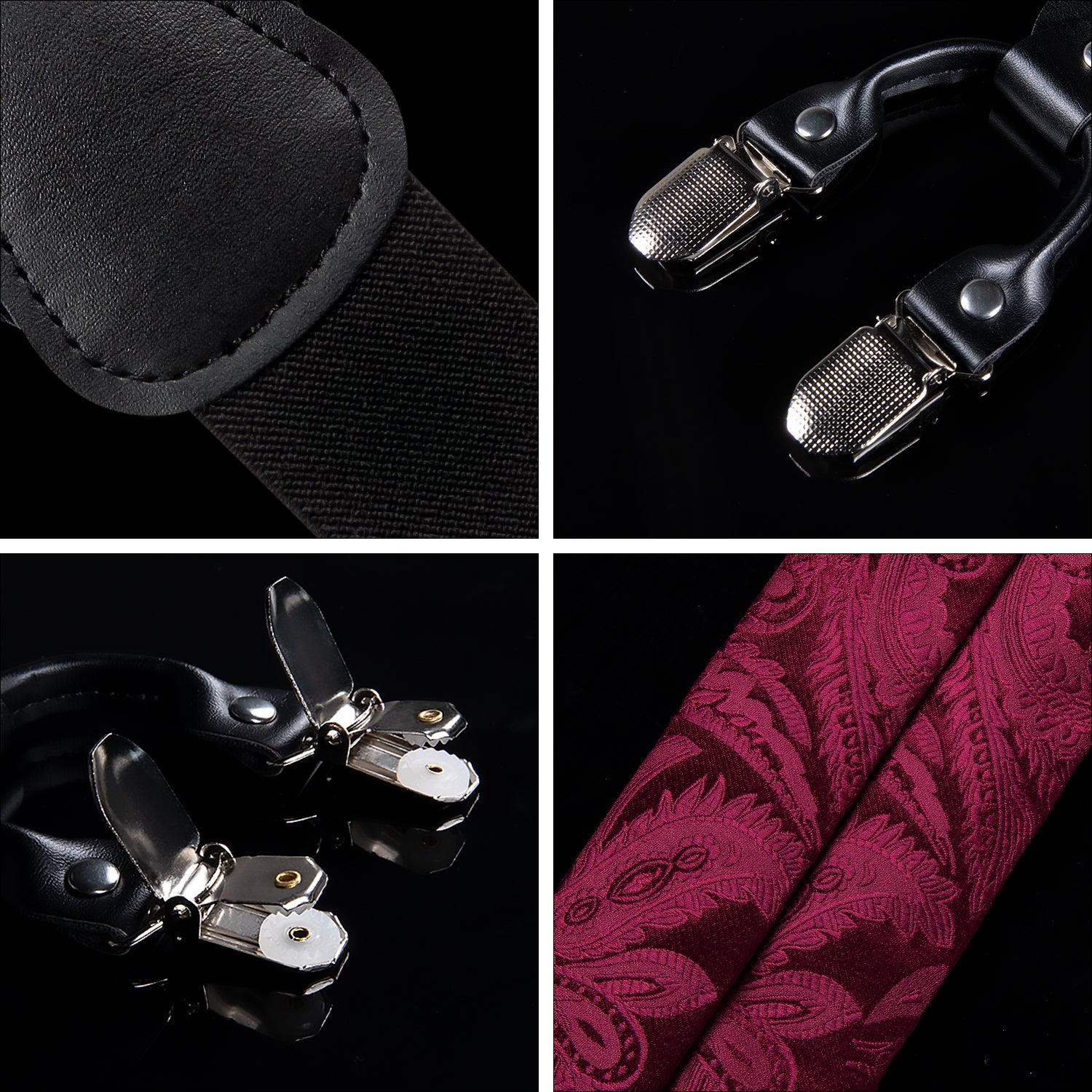 Burgundy red paisley mens silk suspenders and silk bow tie pocket square cufflinks set