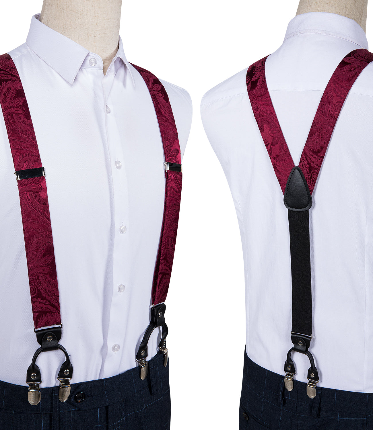 Burgundy red paisley mens silk suspenders and silk bow tie pocket square cufflinks set