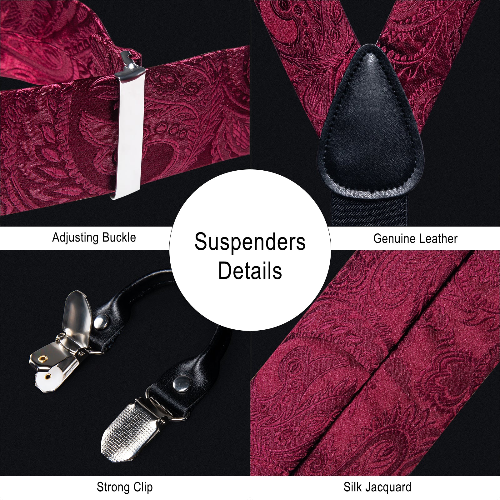 Burgundy red paisley mens silk suspenders and silk bow tie pocket square cufflinks set