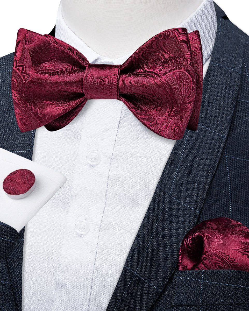 Burgundy red paisley mens silk suspenders and silk bow tie pocket square cufflinks set