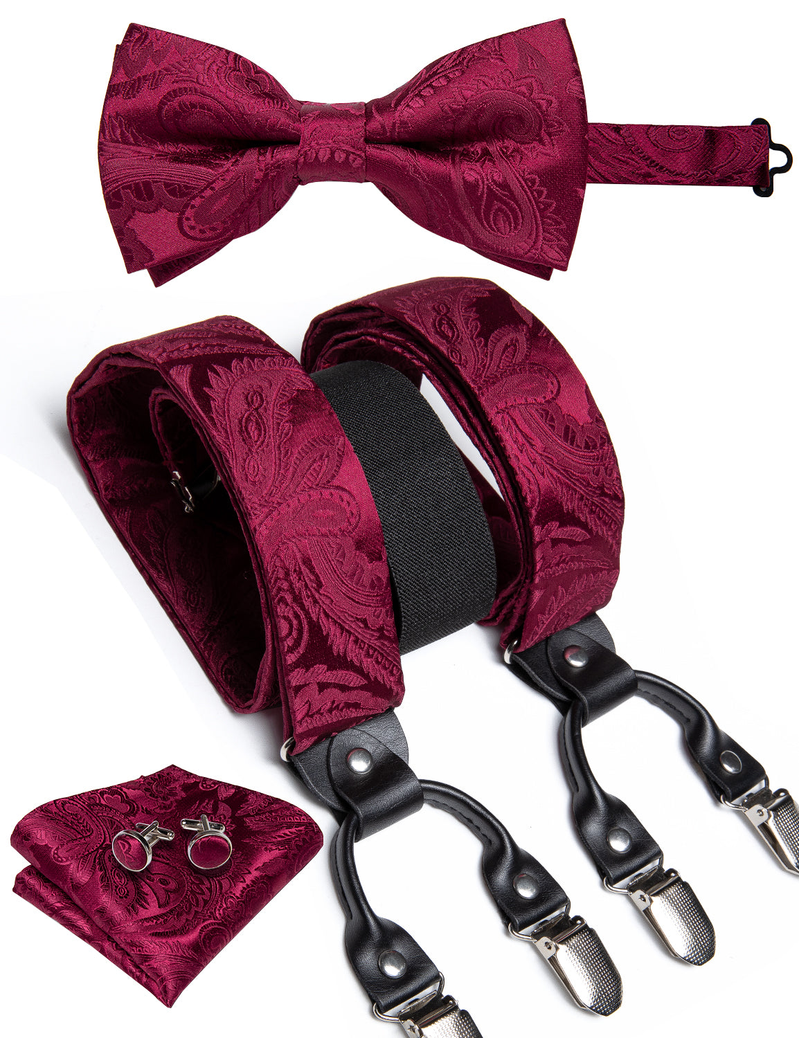 Burgundy red paisley mens silk suspenders and silk bow tie pocket square cufflinks set