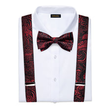 Red Floral Brace Clip-on Men's Suspender with Bow Tie Set