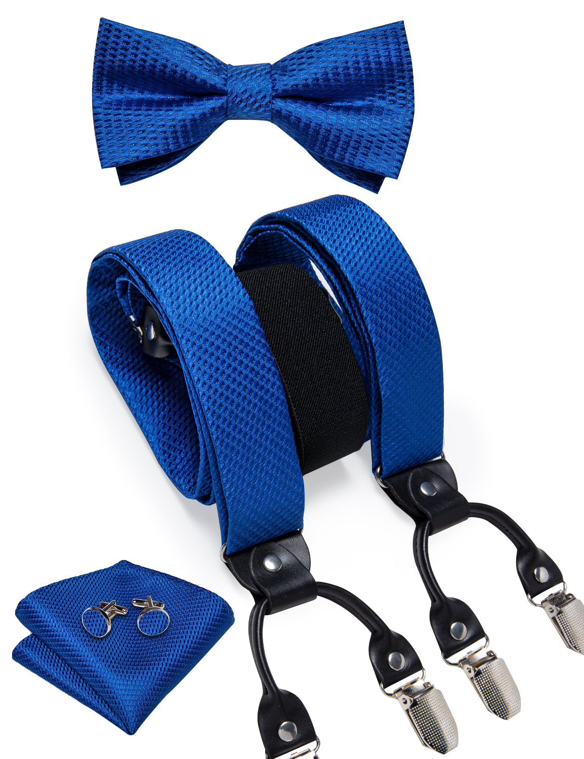 Blue Solid Brace Clip-on Men's Suspender with Bow Tie Set