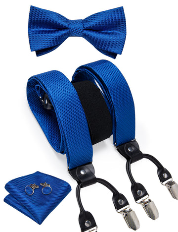 Blue Solid Brace Clip-on Men's Suspender with Bow Tie Set