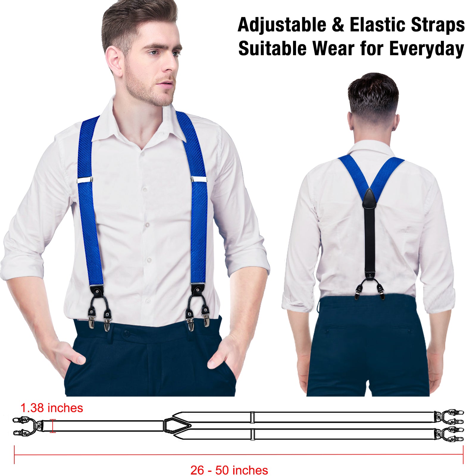 Blue Solid Brace Clip-on Men's Suspender with Bow Tie Set